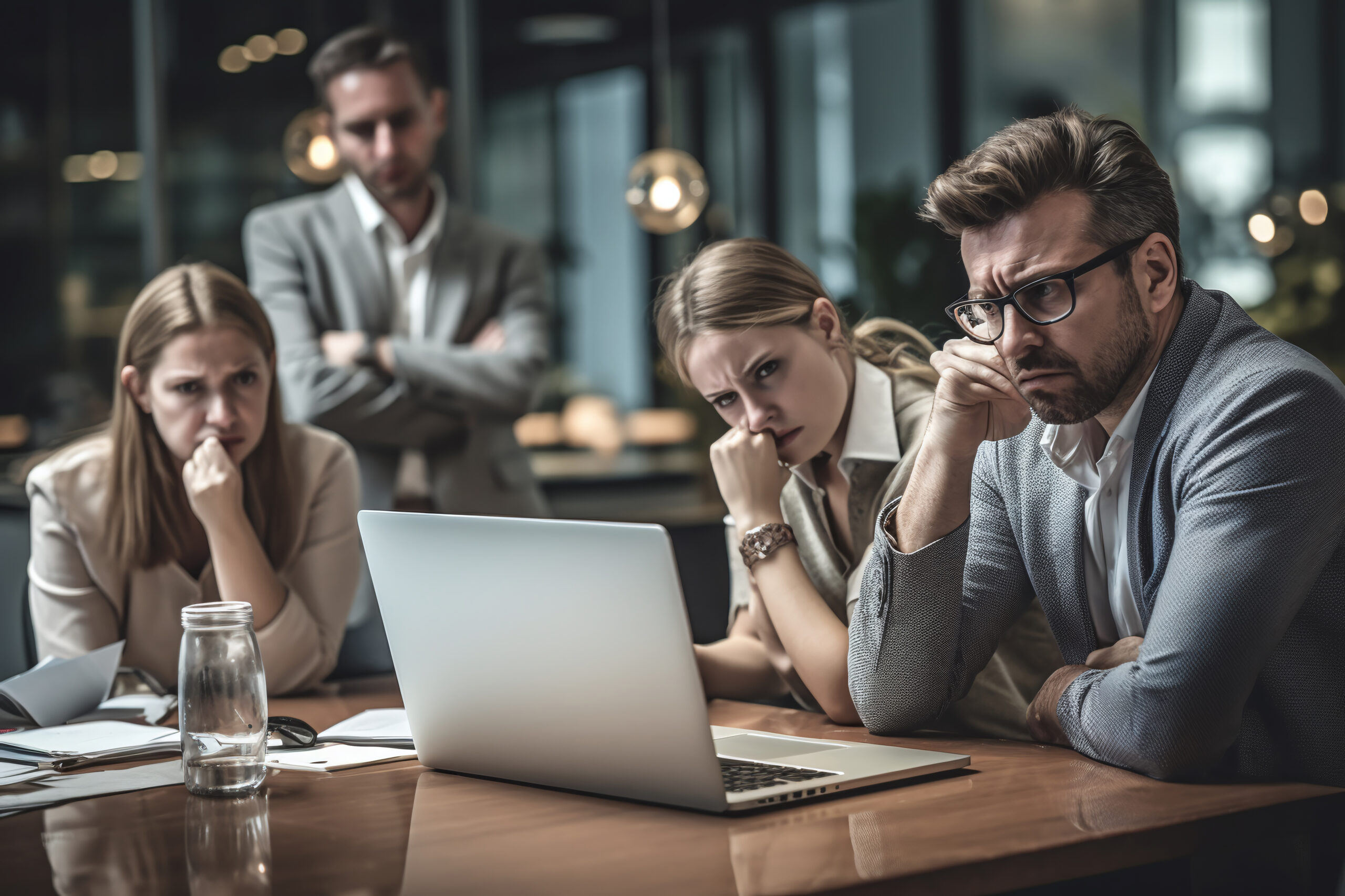 Stressed overwhelmed business colleagues feeling tired at corporate meeting. Business people conflict problem. Stress at work or migraine concept. Solving problem in an office.